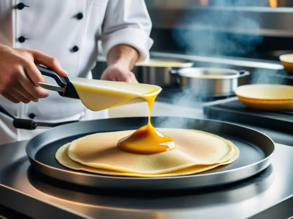 Un chef experto vierte masa en una crepera de alta gama francesa en una cocina elegante y moderna