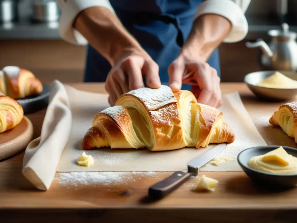 Un chef experto dobla cuidadosamente la masa de hojaldre para un croissant francés