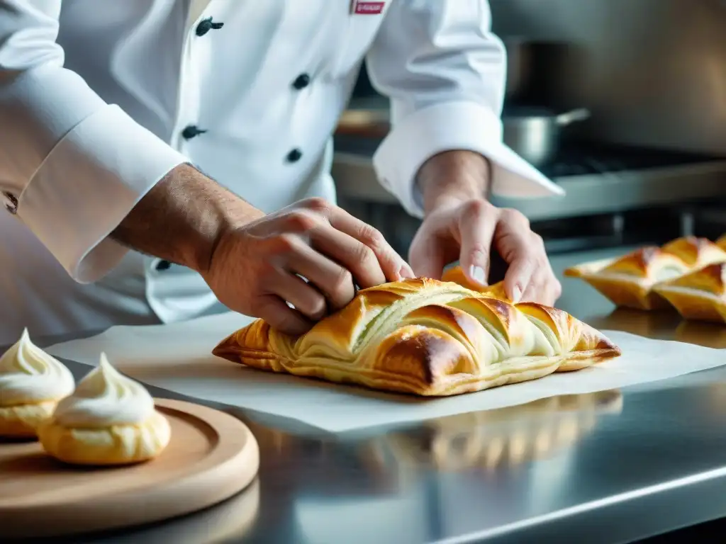 Chef experto plegando masa de hojaldre en cocina profesional