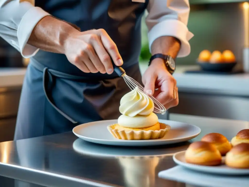 Chef experto batiendo masa ligera para pastelería francesa con la mejor batidora para recetas francesas en cocina elegante y sofisticada