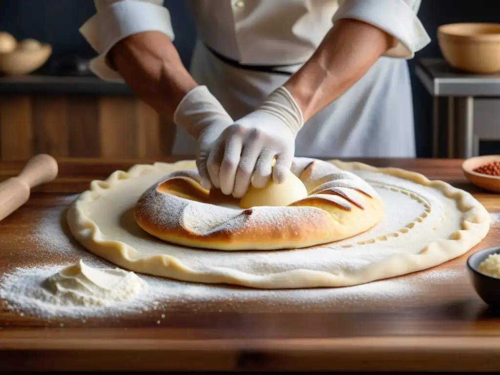 Un chef experto estira la masa de la receta flammekueche tradicional francesa, con ingredientes auténticos en una cocina rústica