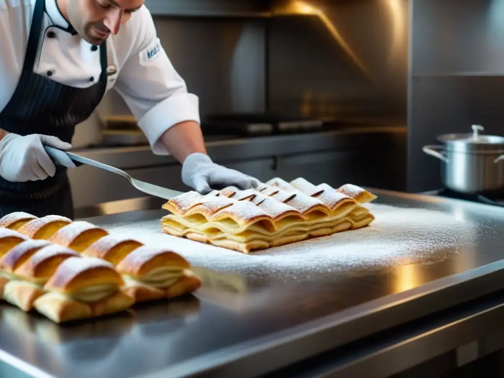 Chef experto preparando millefeuille en una cocina profesional, destacando las mejores aplicaciones de cocina francesa