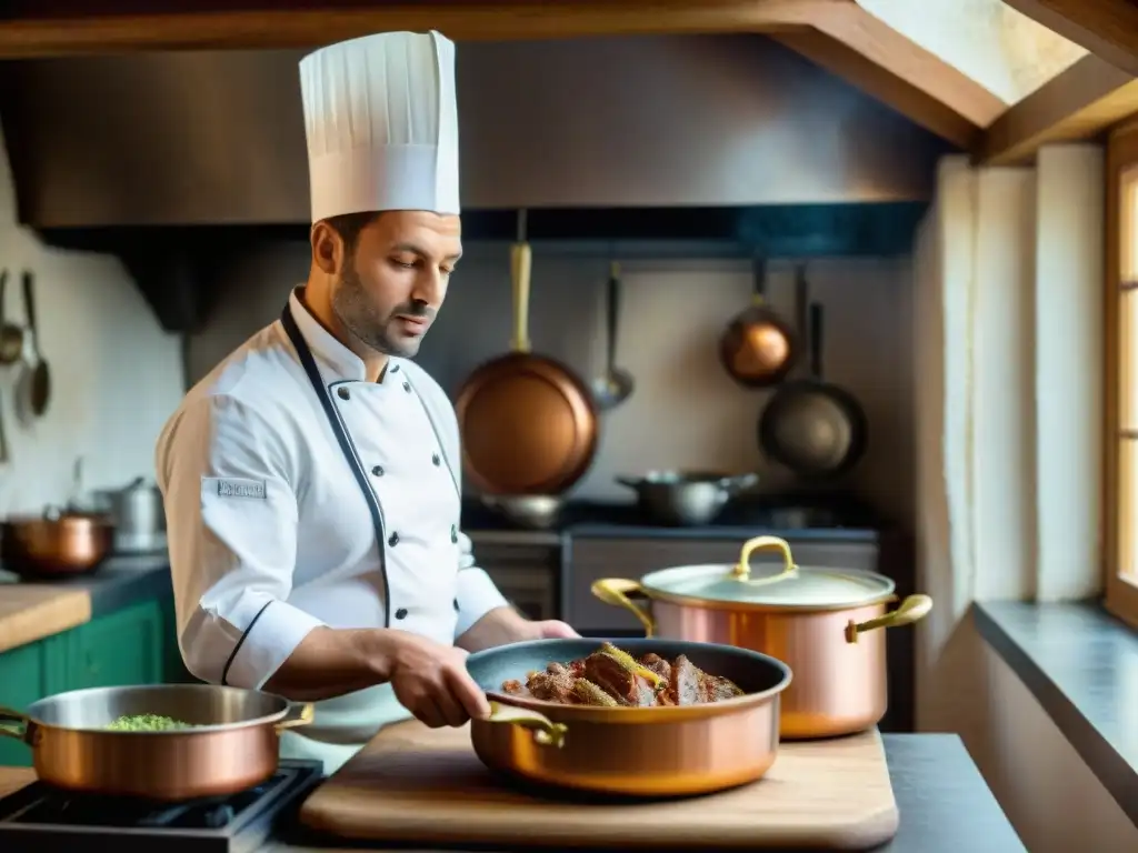 Un chef experto prepara Tripes à la mode de Caen en una cocina normanda, mostrando la receta tradicional tripes normandas