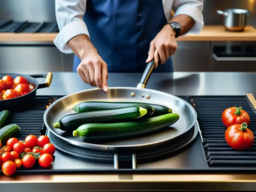 Un chef experto crea una obra de arte culinaria con técnicas avanzadas de ratatouille vegetal