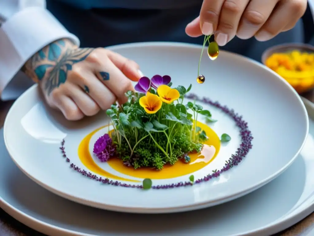 Un chef experto crea una obra de arte culinaria con microvegetales y flores comestibles, mostrando cómo la presentación influye en el sabor