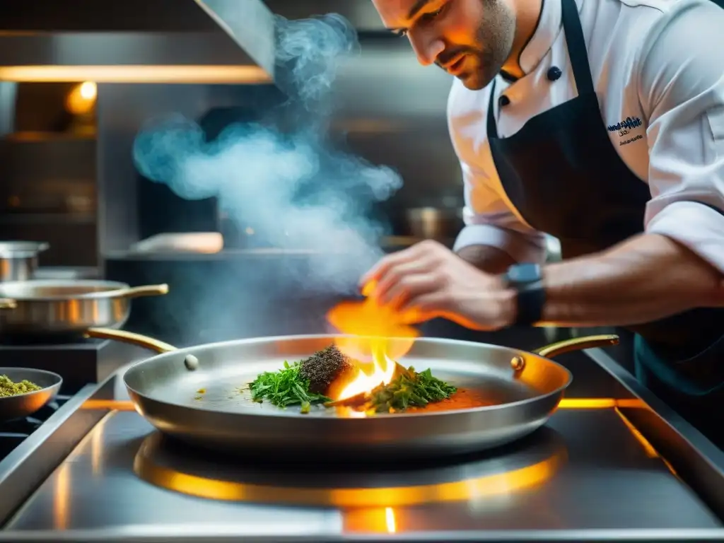 Arte culinario en París: manos expertas crean un manjar francés en bistró Un chef experto crea una obra maestra en un bistró parisino, capturando la esencia de la gastronomía francesa