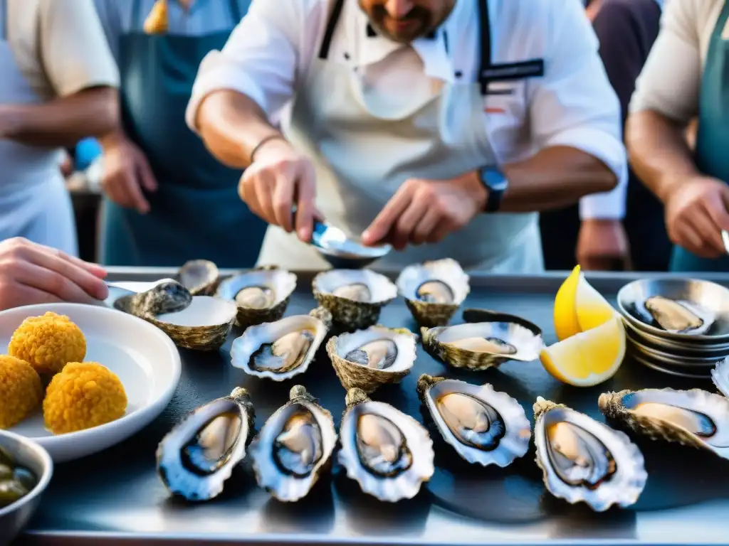 Un chef experto abre ostras en el Festival anual de ostras en Arcachon, mostrando su destreza y pasión gastronómica