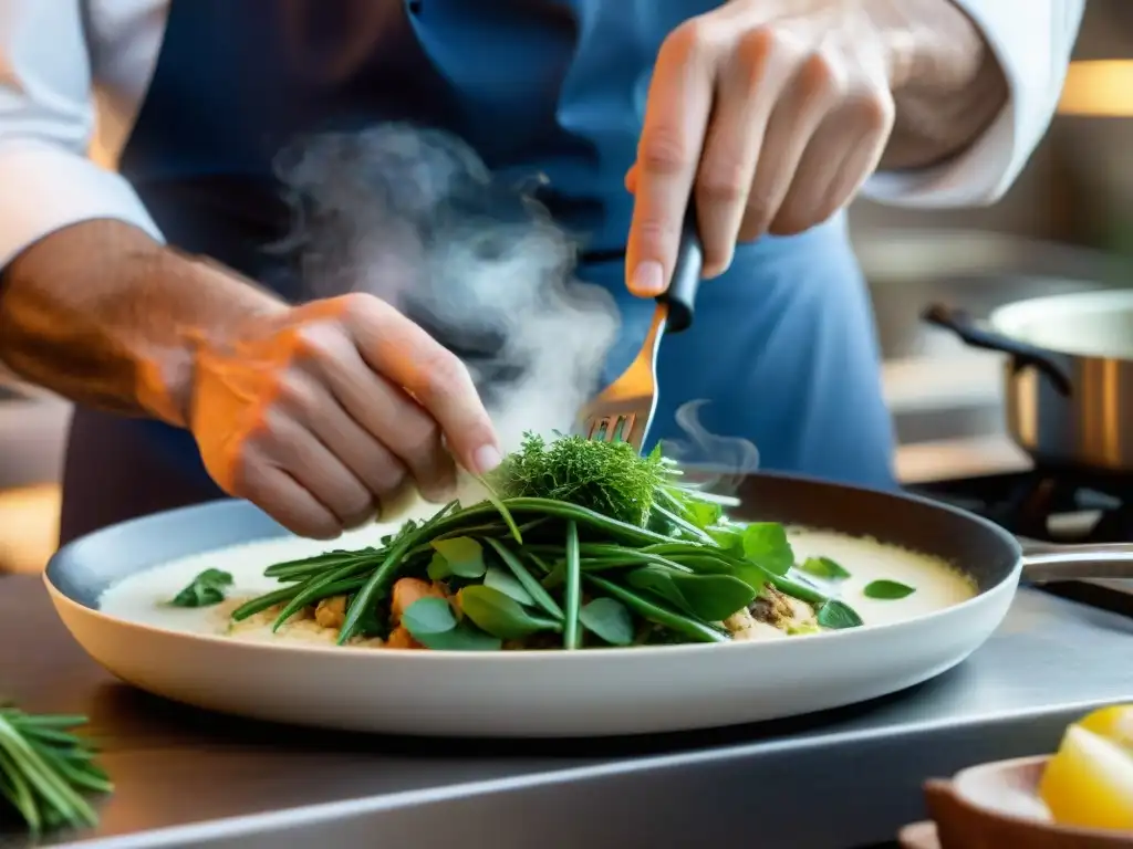 Un chef experto prepara con pasión un plato francés en un bistró de Grenoble, mostrando habilidad y técnica culinaria