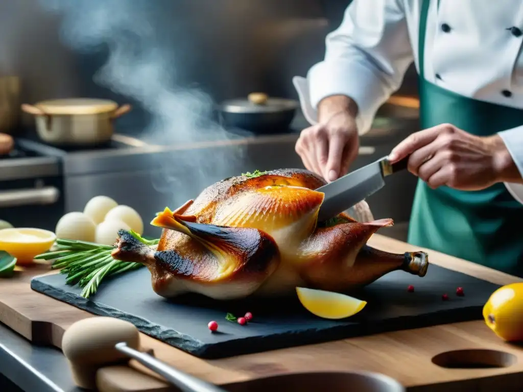 Un chef experto deshuesando un pato en una cocina francesa con técnicas para aprovechar ingredientes franceses