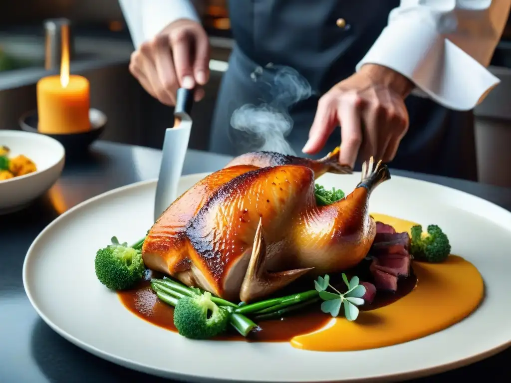 Un chef experto cortando un pato a la naranja en una cocina profesional