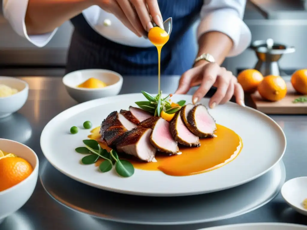 Un chef experto prepara un Pato a la Naranja receta en cocina gourmet