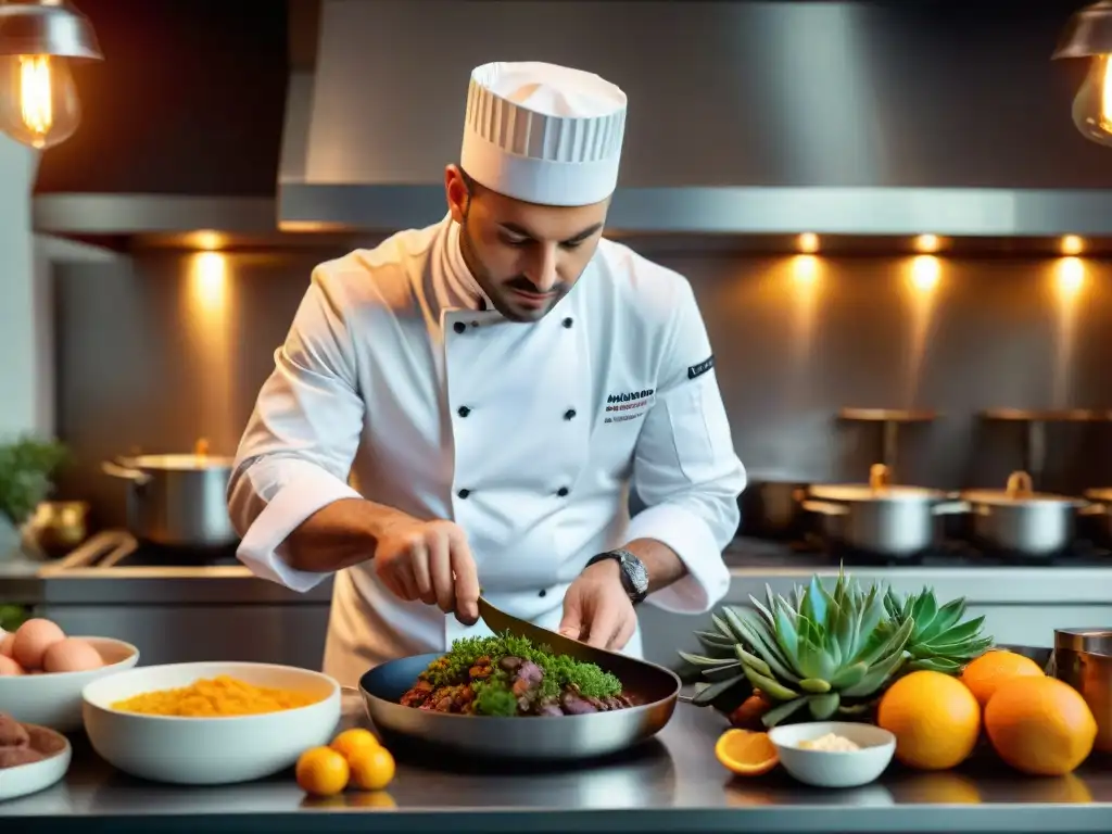 Un chef experto preparando con maestría un Pato a la Naranja receta en una cocina francesa tradicional