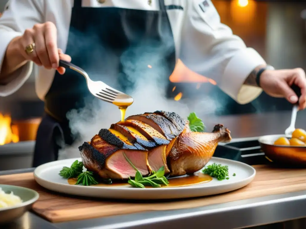 Chef experto preparando un pato con reducción de sidra francesa en una cocina tradicional