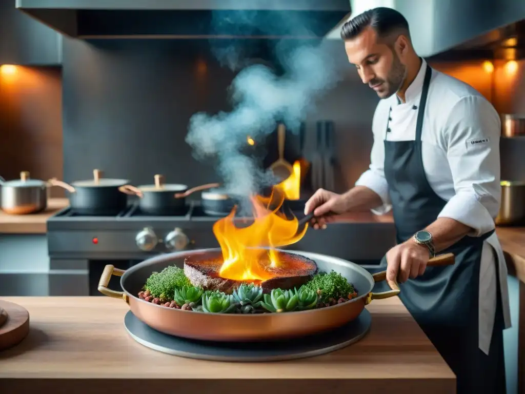 Un chef francés experto cocina magret de pato en una sartén, mostrando la piel dorada y crujiente