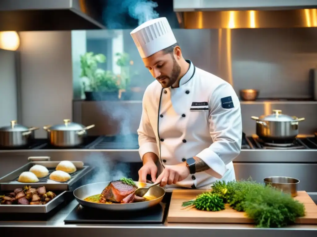 'Chef francés experto cocinando magret de pato en una sartén, destacando la piel dorada y jugosa del pato