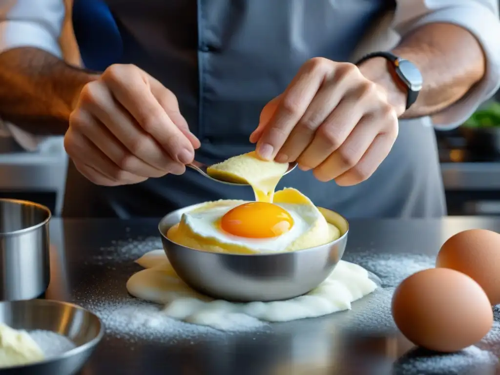 Chef experto preparando soufflé perfecto con delicadeza y precisión en cocina moderna