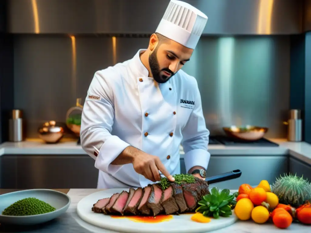 Un chef experto preparando una pierna de cordero en una cocina moderna, fusionando sabores árabes y franceses