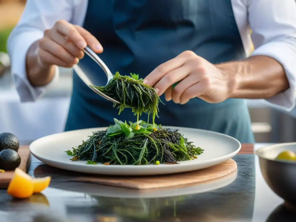 Un chef bretón experto decora un plato con algas comestibles en Bretaña