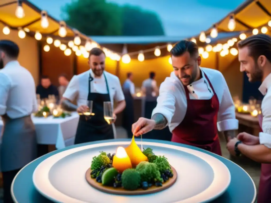 Un chef experto prepara un plato en una animada cena PopUp en París, fusionando técnicas culinarias francesas con innovación