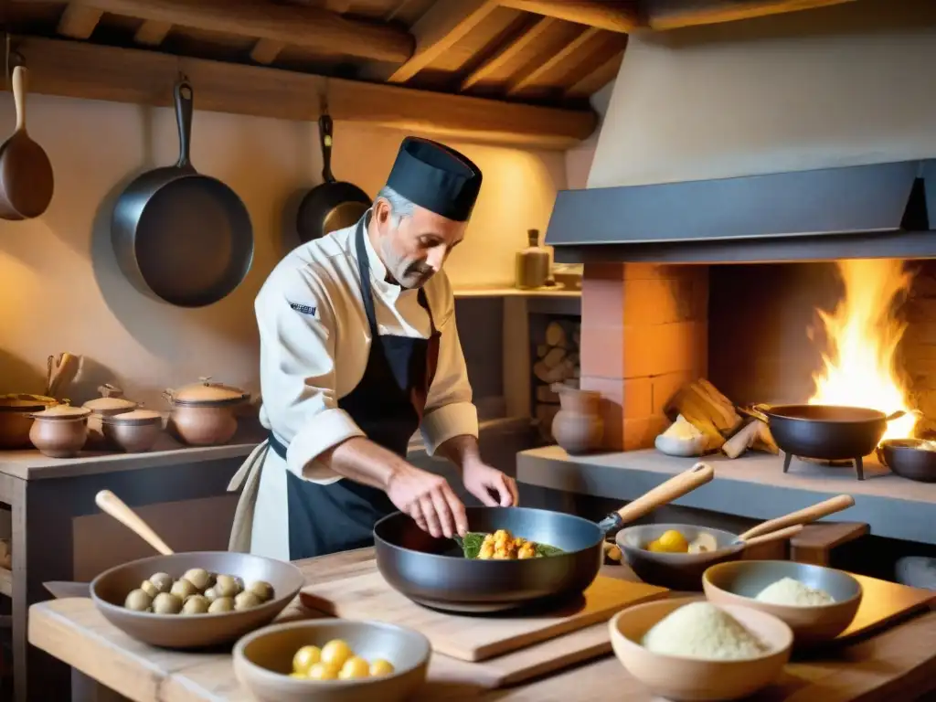 Un chef experto preparando un plato clásico en una cocina tradicional del Valle de Aosta con influencia culinaria francesa