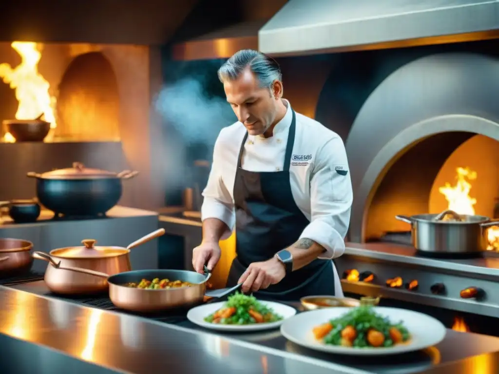 Un chef experto preparando plato en cocina normanda de restaurante emblemático