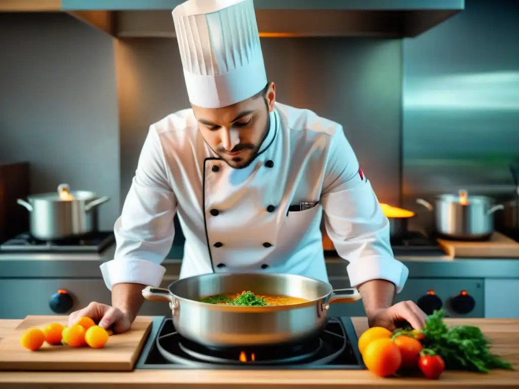 Un chef experto prepara plato en cocina francesa tradicional