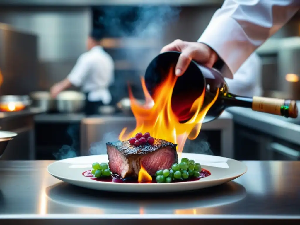 Un chef experto flambeando plato en competencia culinaria con vino, creando un ambiente cálido y dramático