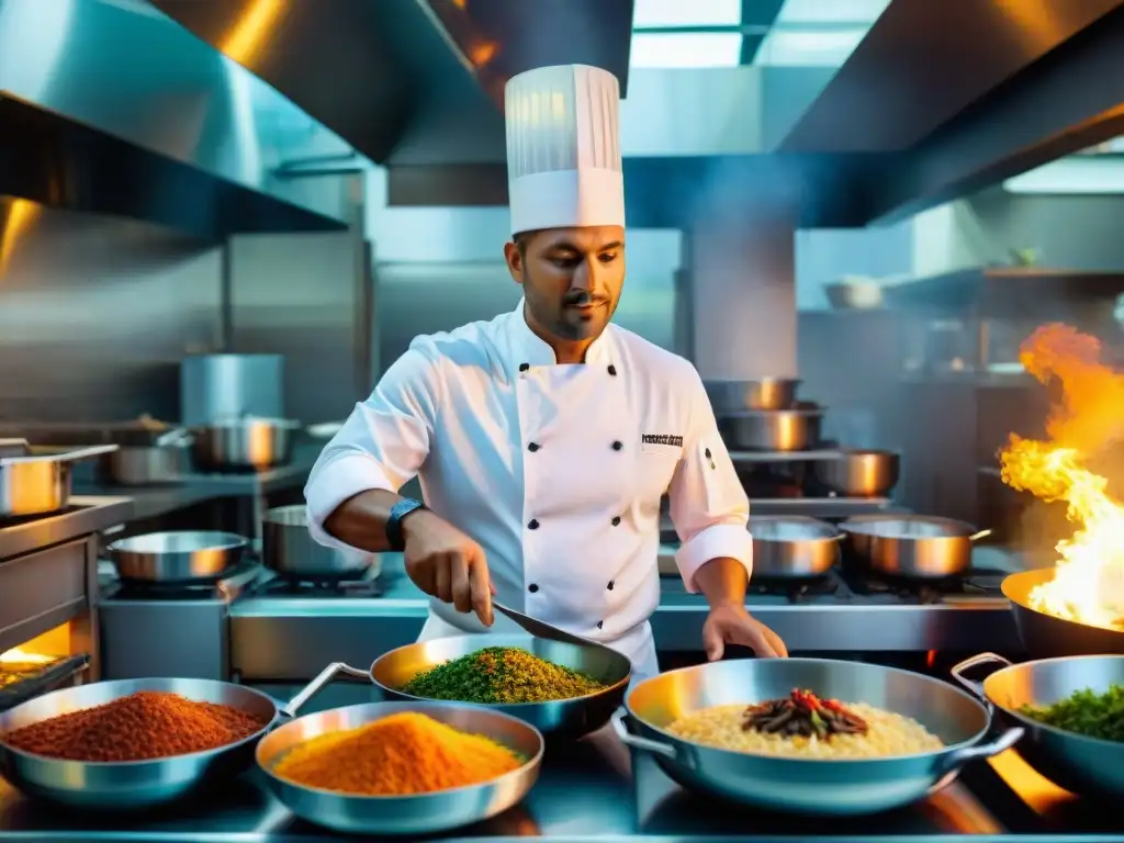 Un chef experto flambeando un plato criollo en la bulliciosa cocina de uno de los mejores restaurantes de gastronomía francesa en Reunión