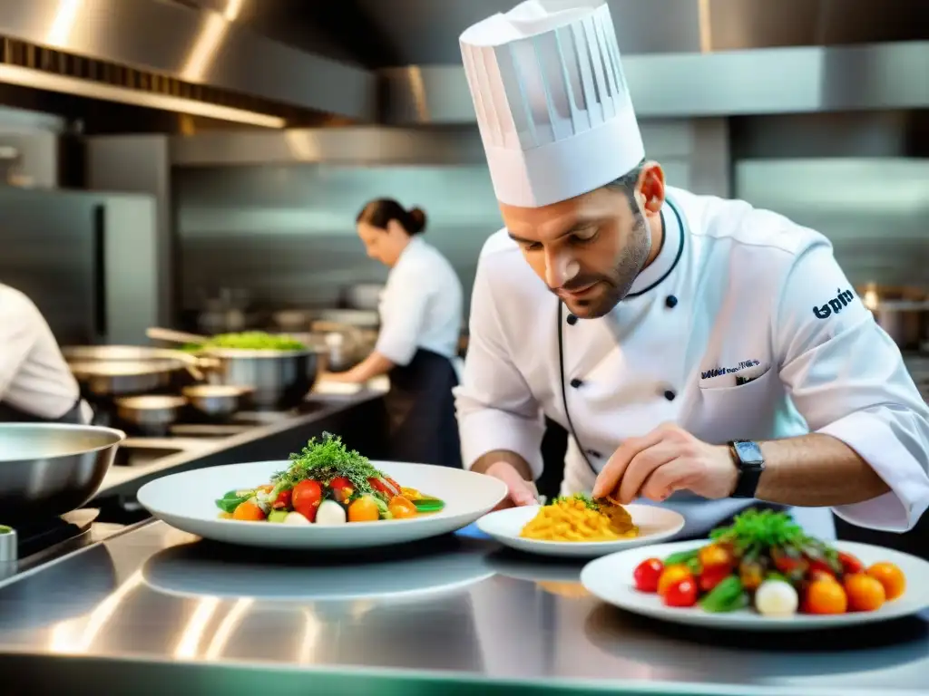 Chef francés experto preparando un plato delicado en la cocina de un restaurante de alta gama