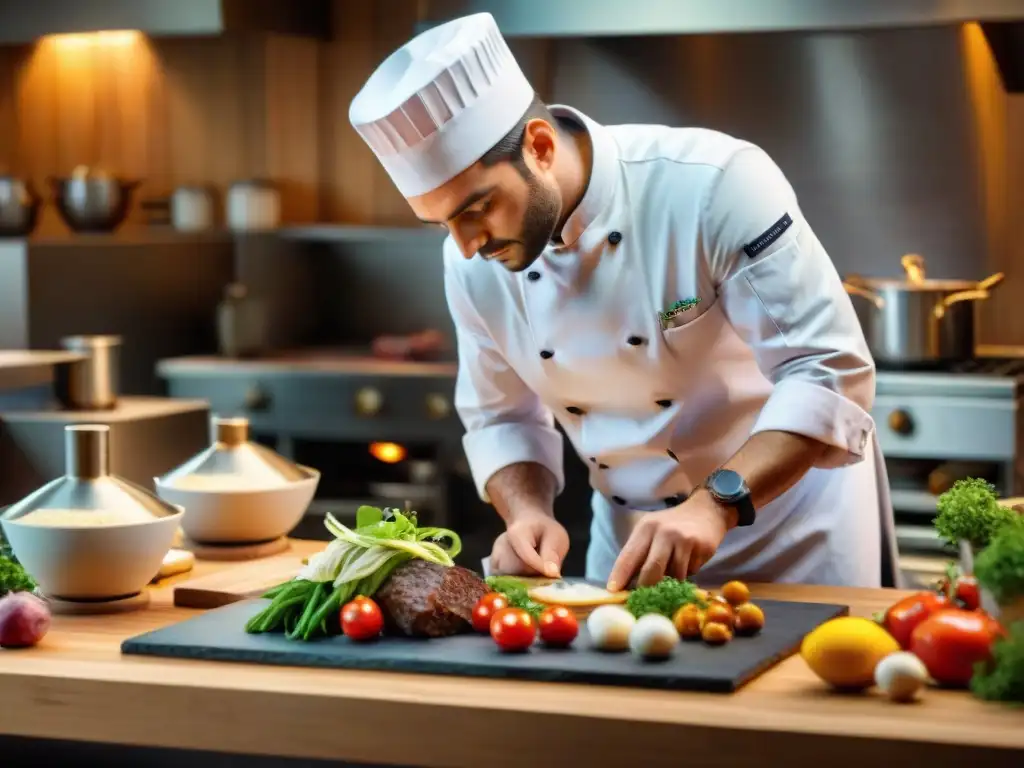 Un chef experto preparando un plato francés en una cocina elegante