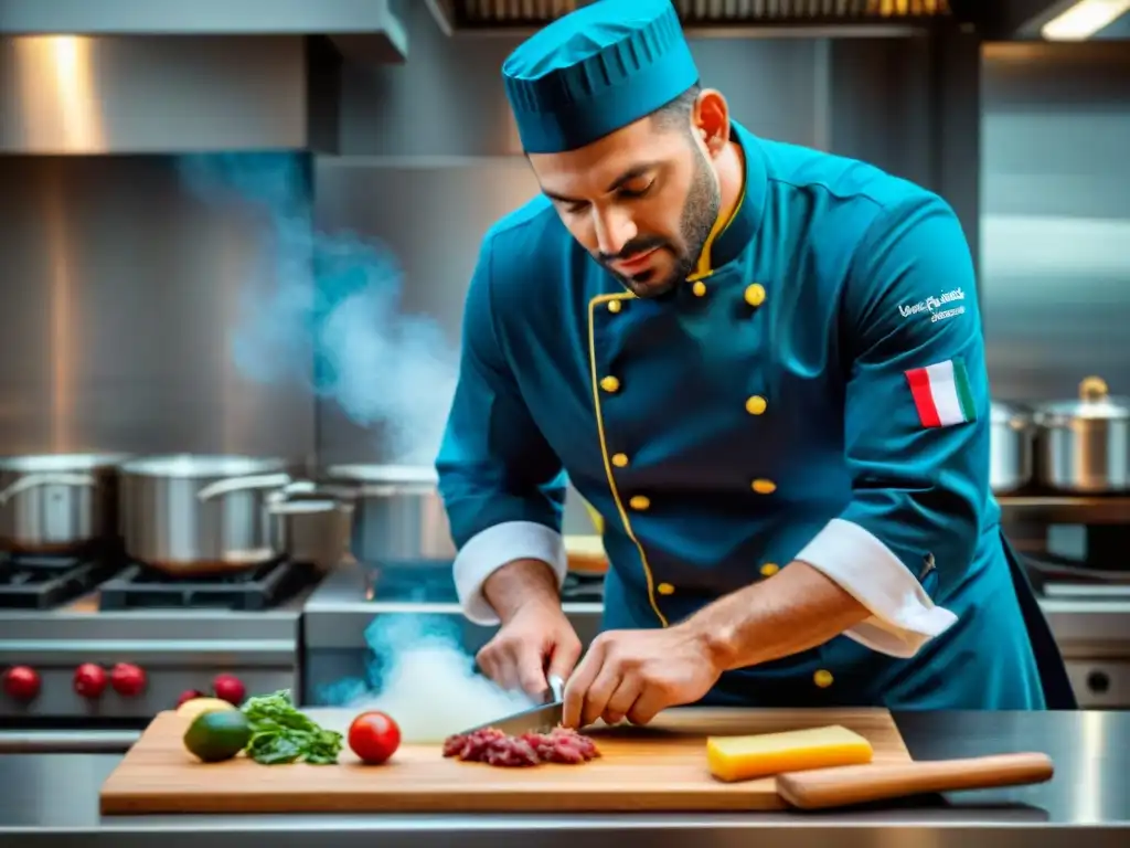 Un chef experto preparando un plato francés tradicional en una cocina moderna y bulliciosa