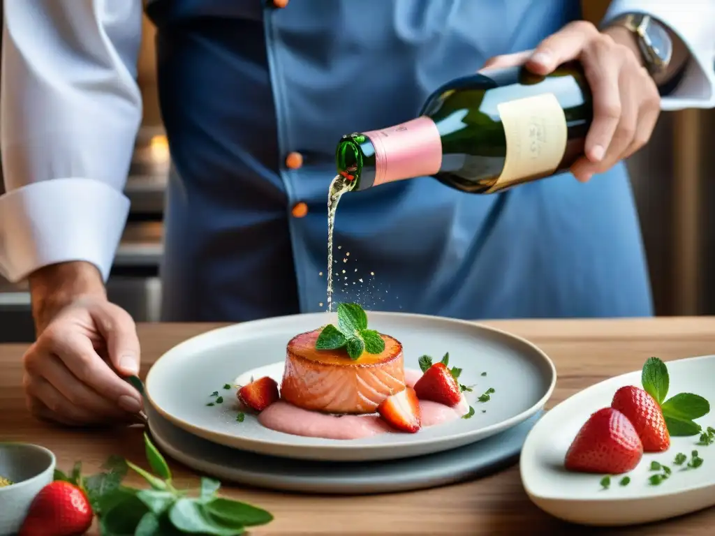 Un chef experto infusiona delicadamente un plato gourmet con un reducción de Champagne Rosé, resaltando su color y sabor