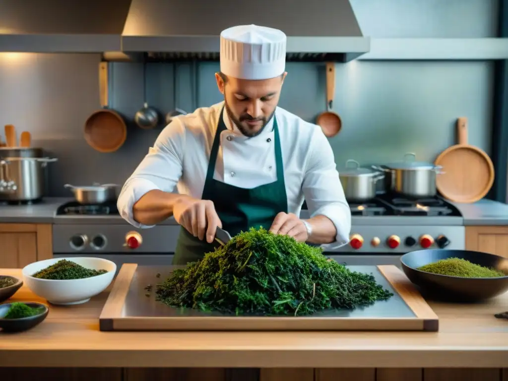 Un chef experto prepara un plato gourmet con algas comestibles en una cocina bretona tradicional