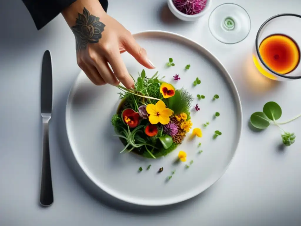 Un chef experto crea meticulosamente un plato con ingredientes frescos, resaltando la importancia del diseño en menús