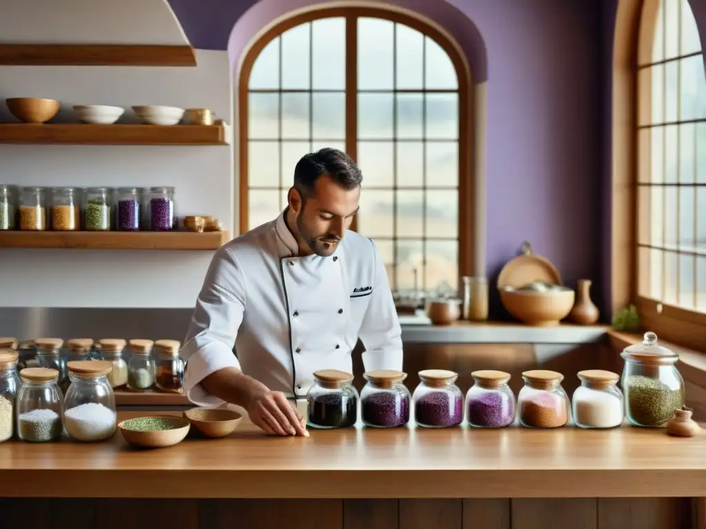 Un chef experto aromatiza un plato con sales aromatizadas en una cocina francesa tradicional