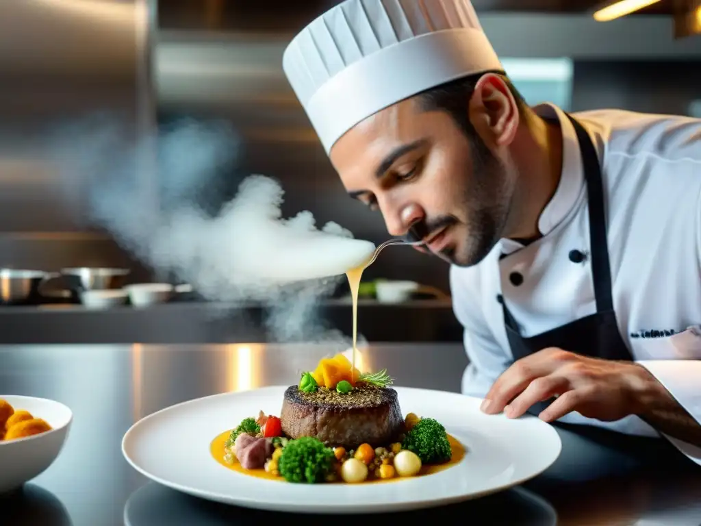 Un chef experto preparando un plato tradicional de la cocina RódanoAlpes, fusionando tradición e innovación culinaria