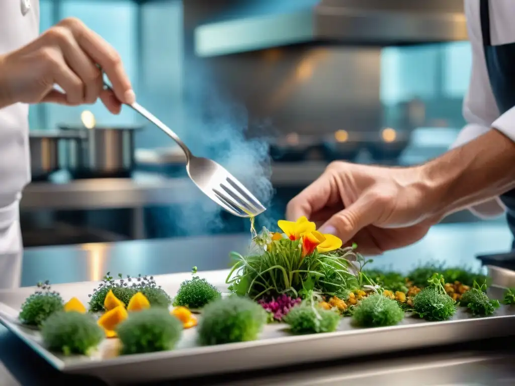 Un chef experto crea platos franceses innovadores con meticulosidad y arte en cocina de alta gama