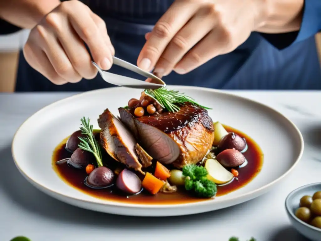 Un chef experto en platos de la gastronomía francesa crea una presentación atractiva de Coq au Vin, con detalles meticulosos