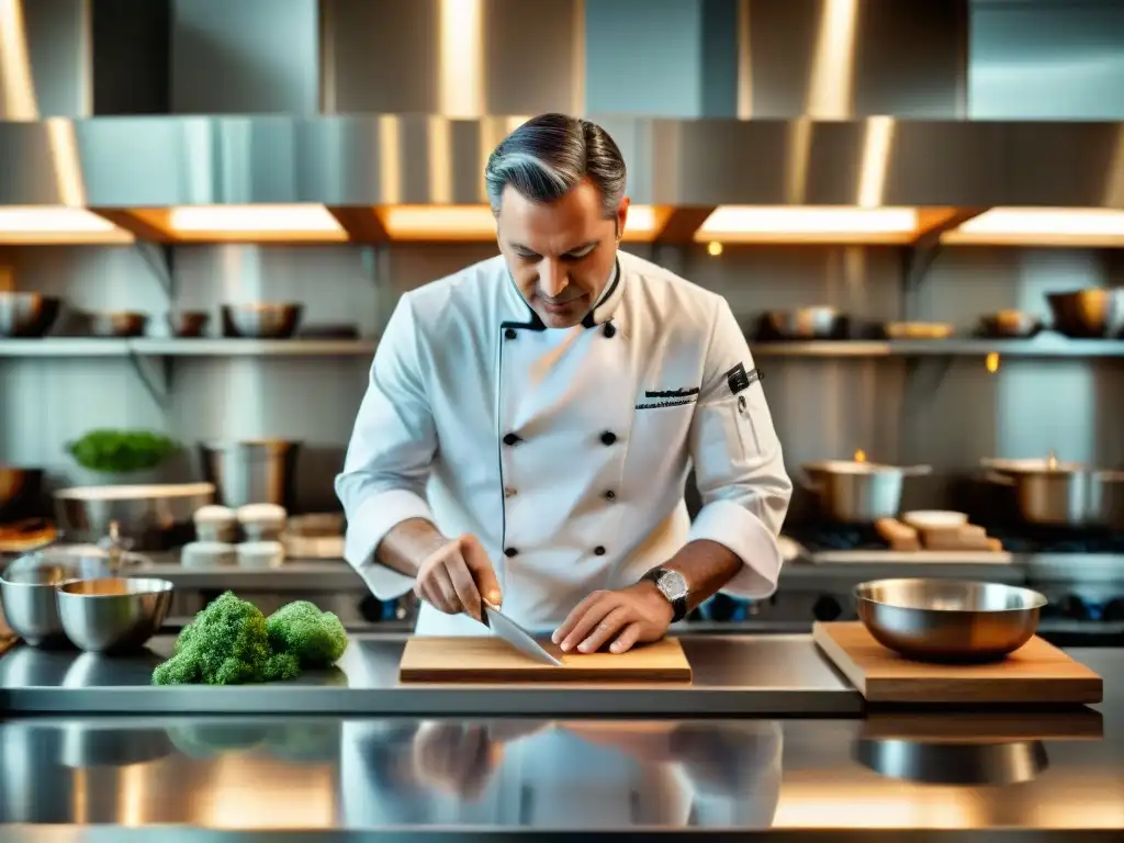 Un chef experto creando postres meticulosos con técnicas culinarias en cocina profesional