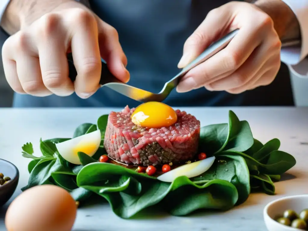 Un chef experto preparando con precisión una auténtica receta de steak tartare francés