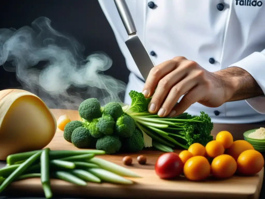 Un chef experto tallando con precisión en la cocina francesa, destacando la sofisticación artística