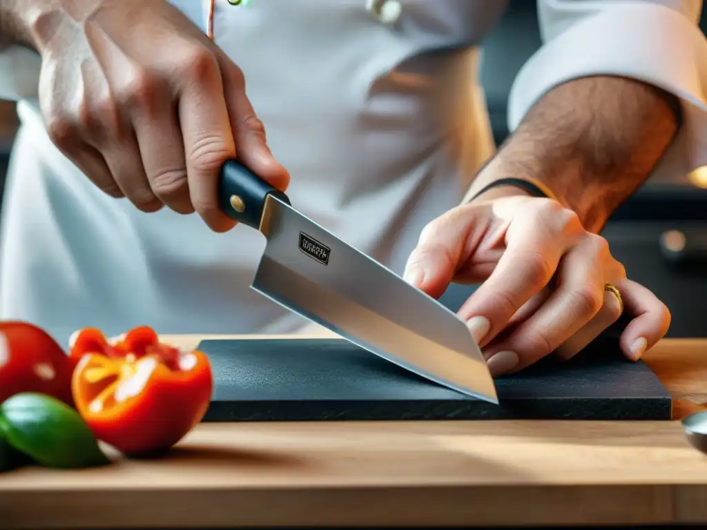 Un chef experto afila con precisión un cuchillo de alta gama en una piedra de afilar, reflejando la esencia de la cocina francesa