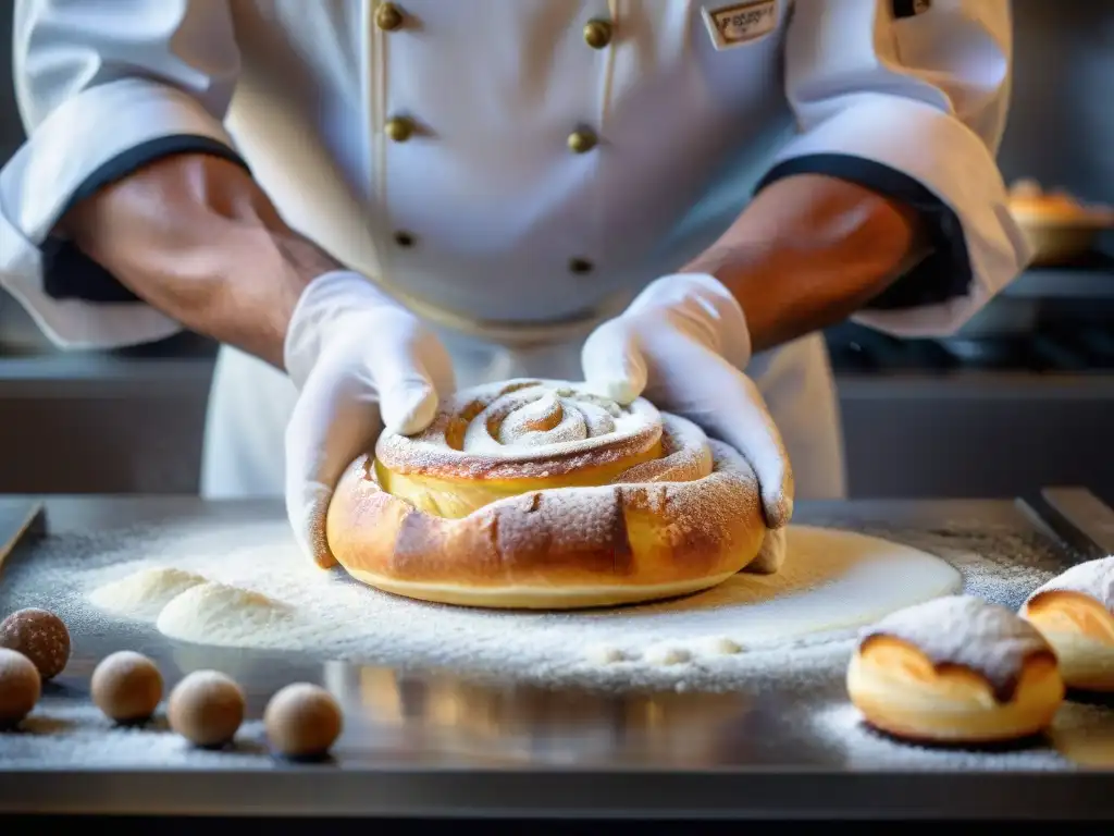 Un chef experto moldea con precisión una delicada pastelería francesa, fusionando tradición y herramientas digitales gastronomía francesa