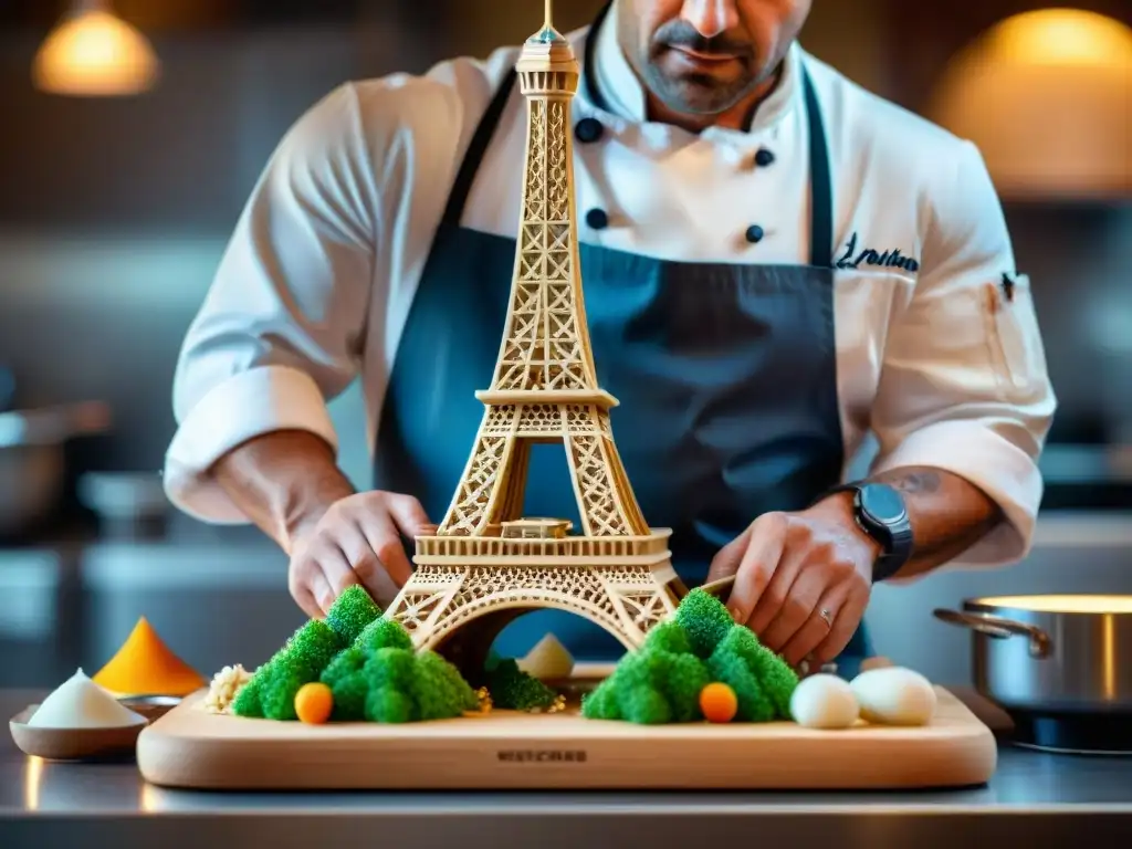 Un chef experto moldea con precisión una escultura de azúcar de la Torre Eiffel en una cocina francesa