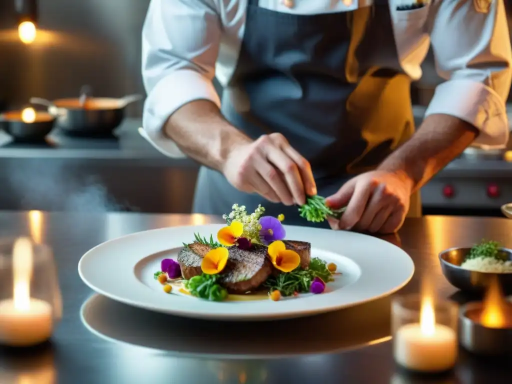 Un chef experto adorna con precisión un platillo gourmet en una cocina francesa