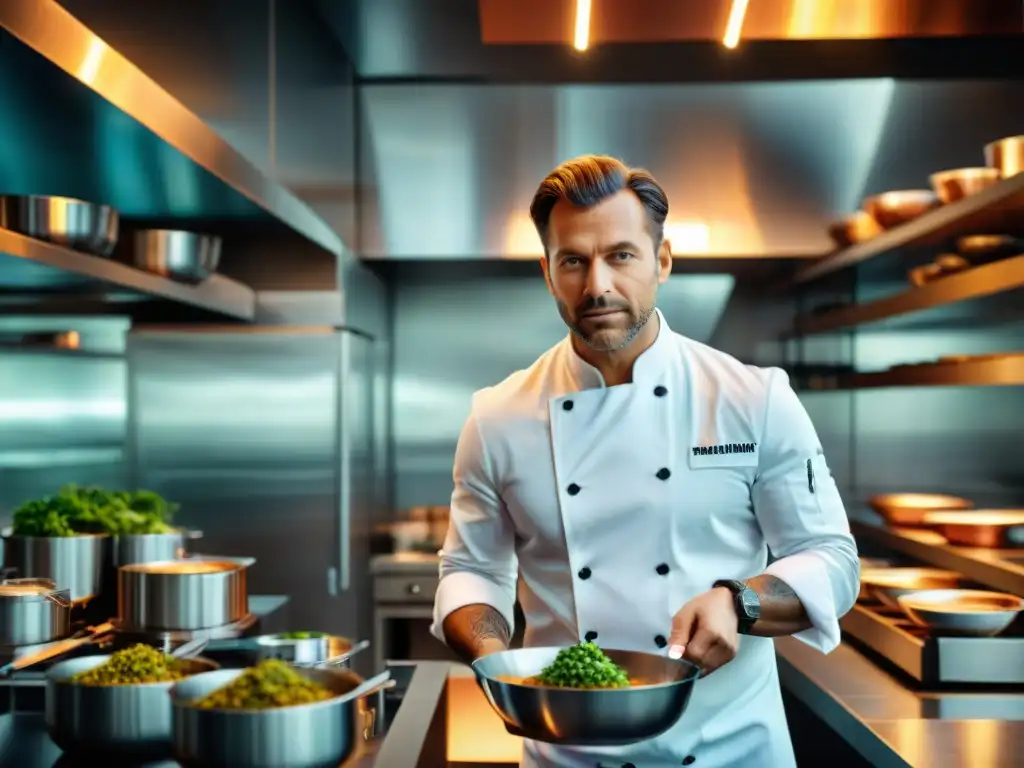 Un chef experto prepara con precisión un plato de cocina francesa moderna en una cocina de alta gama