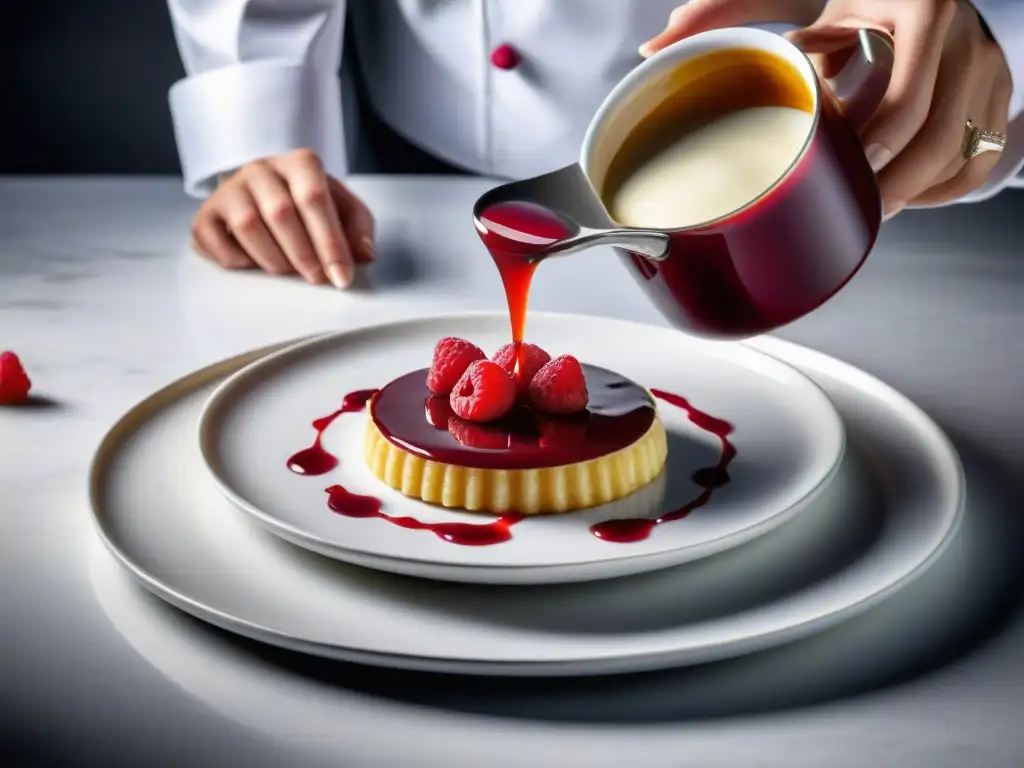 Un chef experto decora con precisión un postre gourmet con coulis de frambuesa roja, resaltando la influencia del color en la presentación