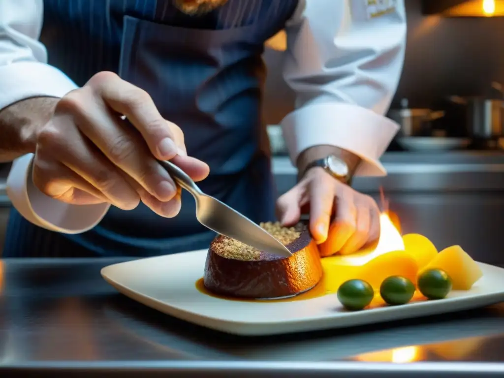 Un chef experto moldea con precisión una quenelle de brochet en una cocina lionesa, iluminada por la cálida luz natural