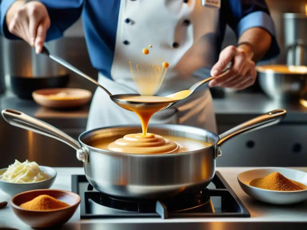 Un chef experto mezcla con precisión una salsa francesa, destacando técnicas emulsión salsas francesas