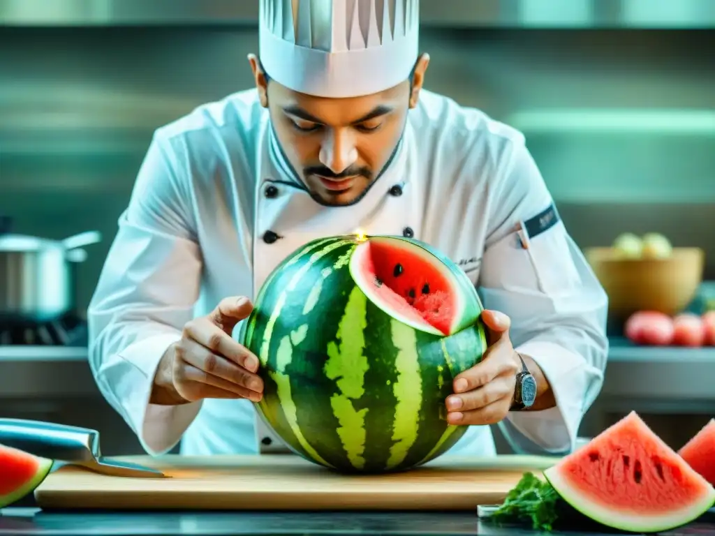 Un chef experto tallando con precisión una sandía con técnicas de tallado de alimentos